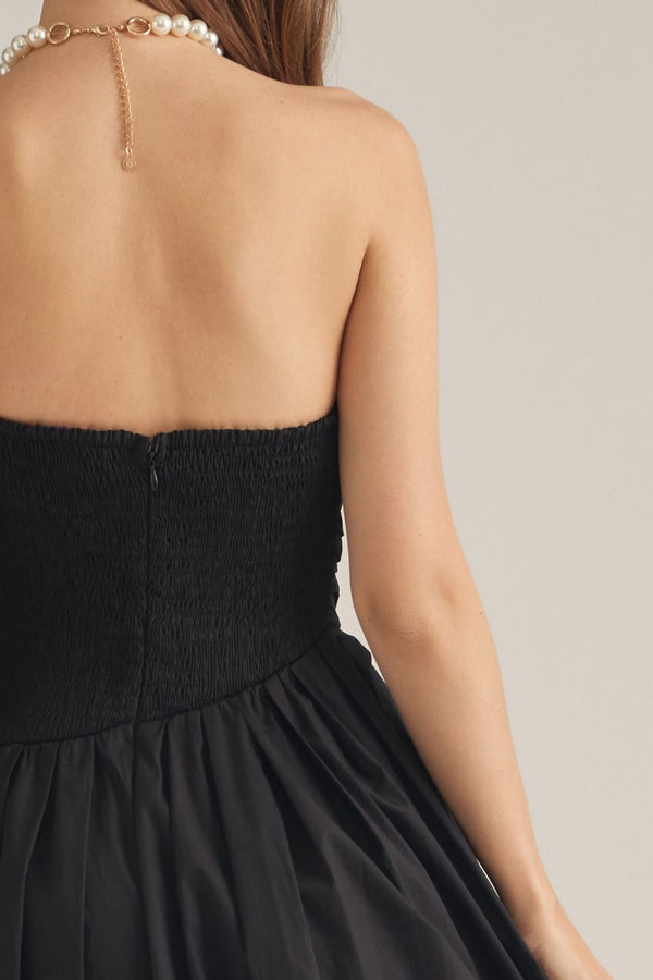 Solid Black Strapless Midi Dress featuring Pleated Bodice