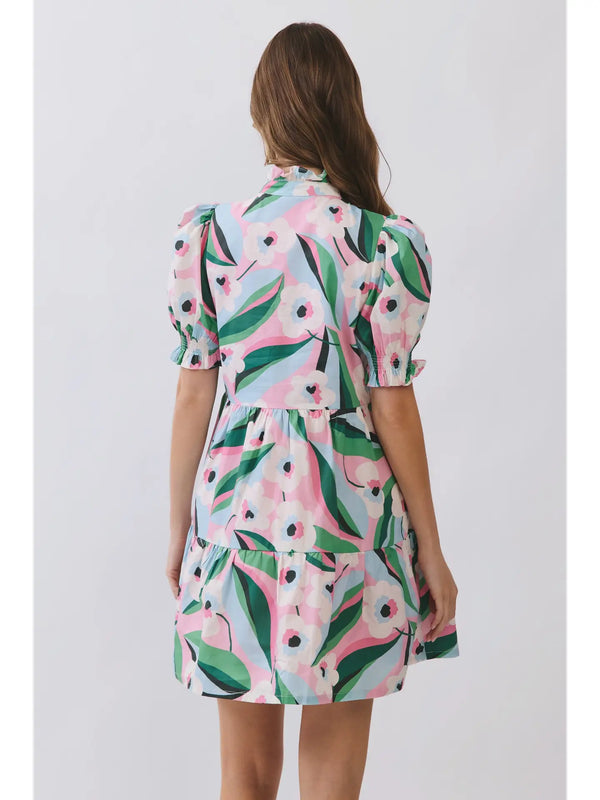Floral Puff Sleeve Tiered Ruffle Neck Mini Dress