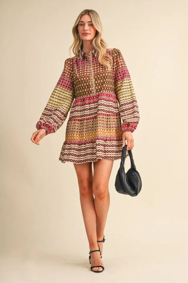 Purple & Olive Border Print Button Down Mini Dress
