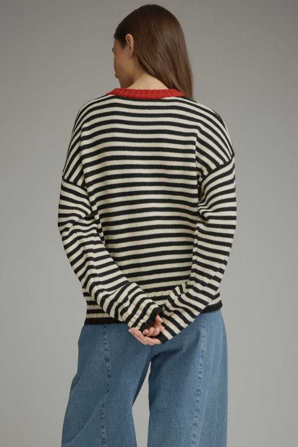 Cream & Black Stripe Knit Top w Contrast Round Neck