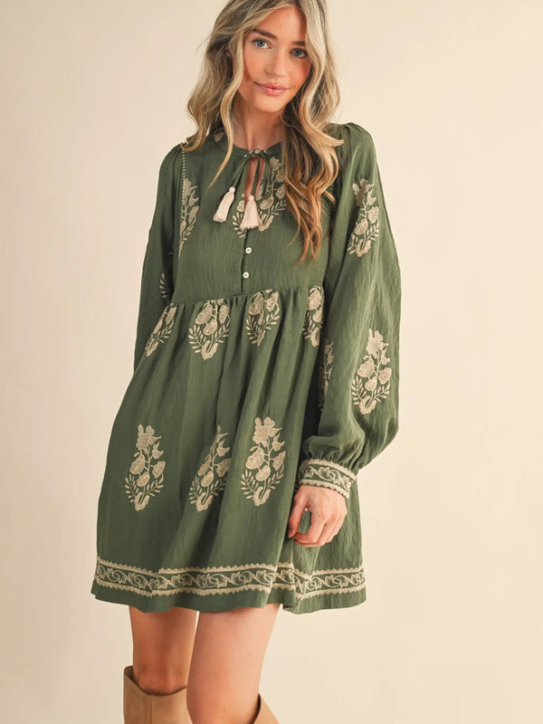 Olive Embroidered Long Puff Sleeve Mini Dress