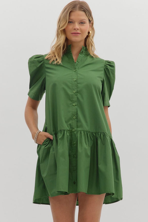 Forest Green Pleated Puff Sleeve Ruffle Mini Dress