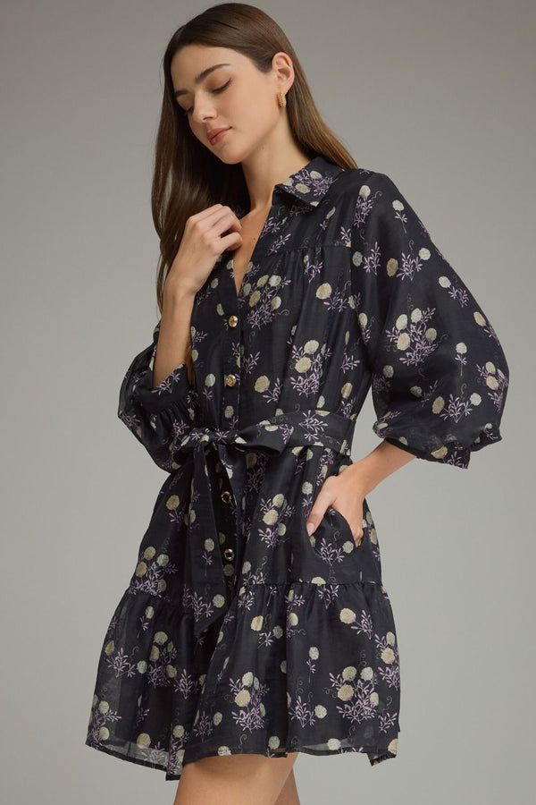 Lined Black & Purple Floral Print ¾ Balloon Sleeve Mini Dress