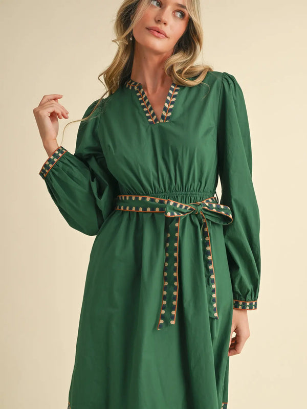 Hunter Green Embroidered Detail Midi Dress