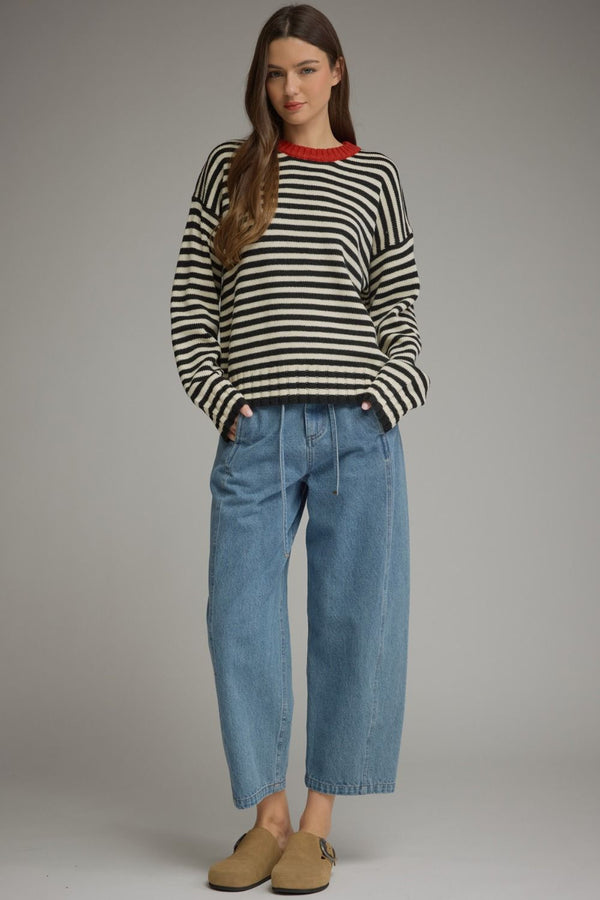 Cream & Black Stripe Knit Top w Contrast Round Neck