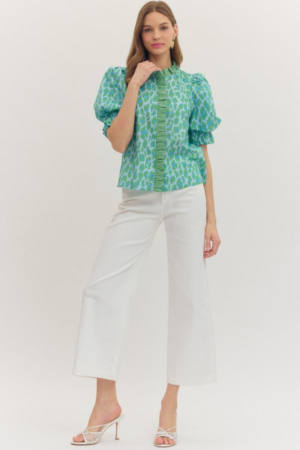 Green Leopard Print Puff Sleeve Top w Ruffle Trim Collar
