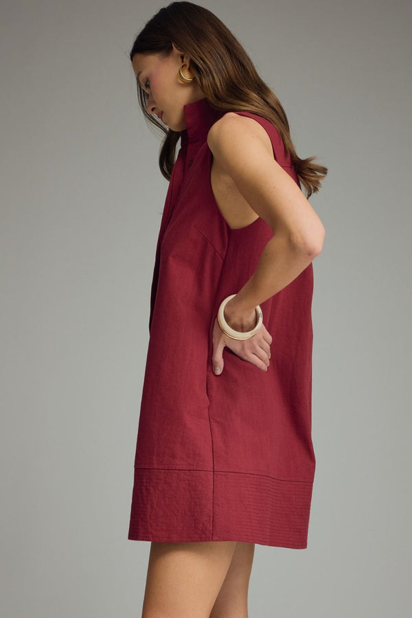 Solid Crimson Stand Collar Sleeveless Mini Dress