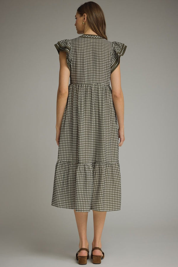 Olive Gingham Ruffle Cap Sleeve Midi Dress