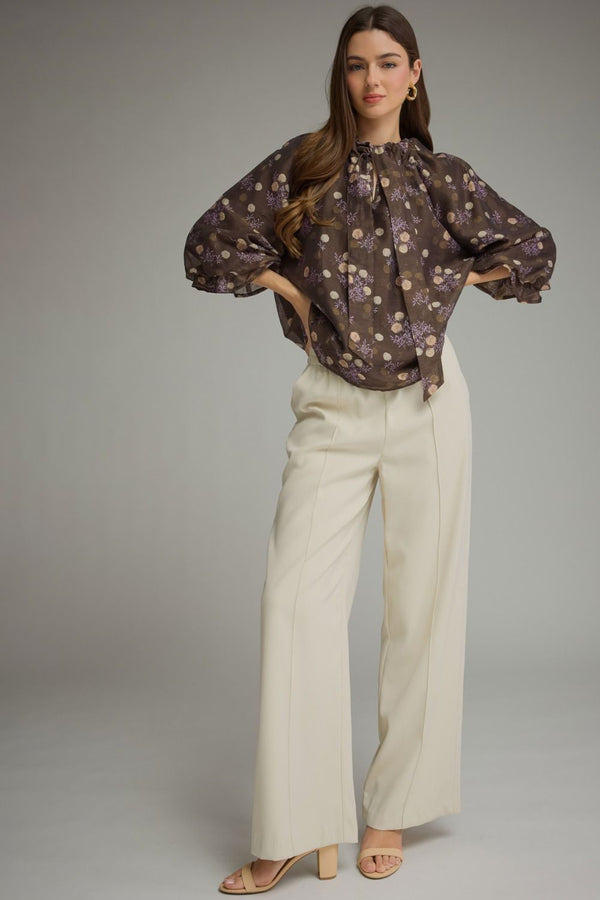 Brown Floral Print Poncho Sleeve Top w Self-Tie Front Detail