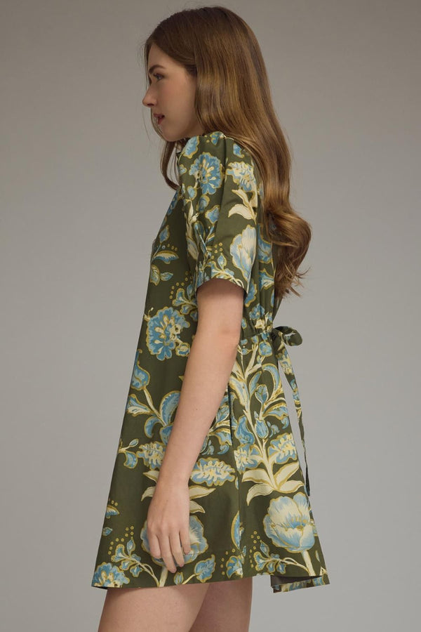 Olive Floral print Mini Dress Featuring Self-Tie Waist at Back
