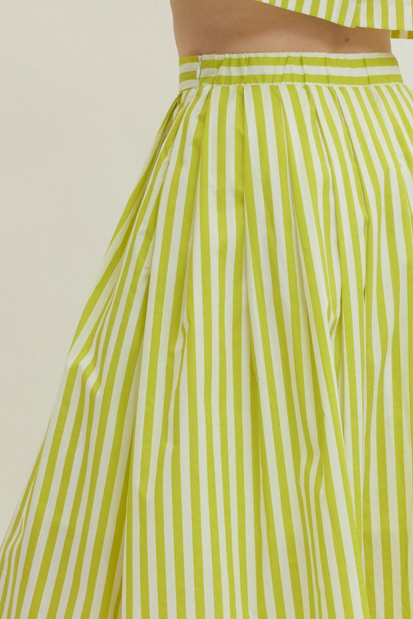 Lime Striped Midi Skirt w Elasticated Waistband