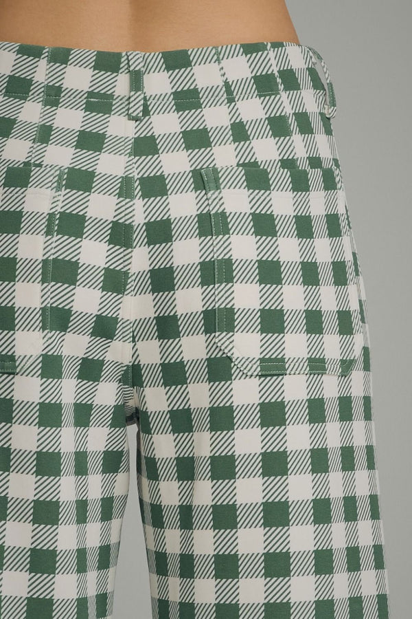 Green Gingham Wide Leg Pants Featuring Front Patch Pockets