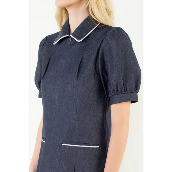 Puff Sleeve Collared Denim Dress