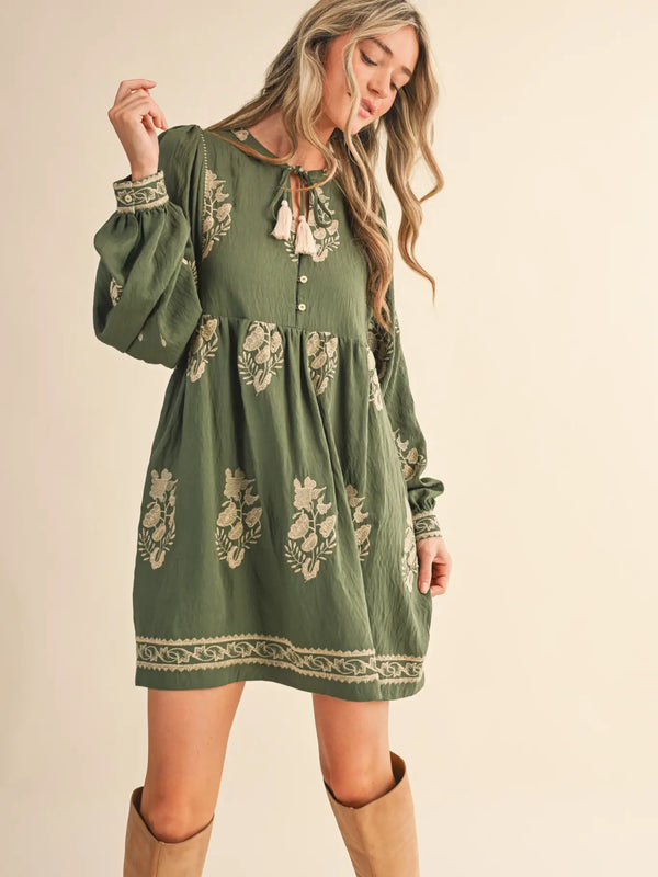 Olive Embroidered Long Puff Sleeve Mini Dress