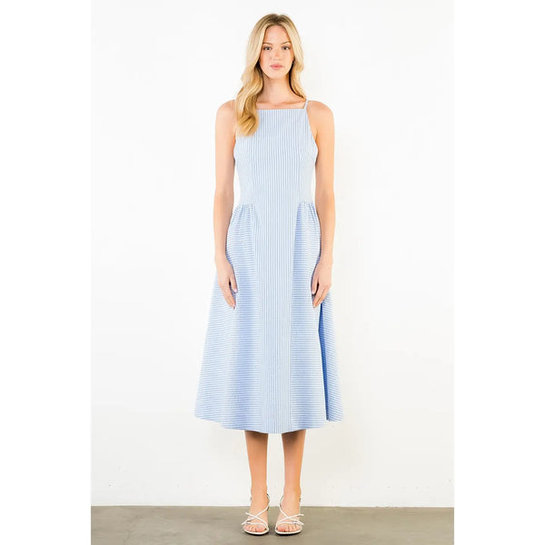 Thin Strap Blue Stripe Midi Dress
