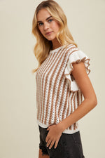 Taupe Crochet Stripes Ruffle Top