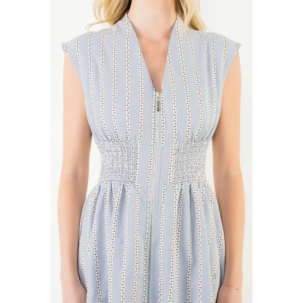 Blue Sleeveless Striped Pattern V-Neck Dress