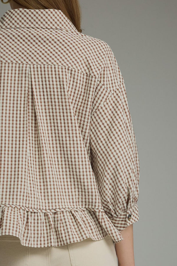 Cocoa Gingham ¾ Puff Sleeve Top