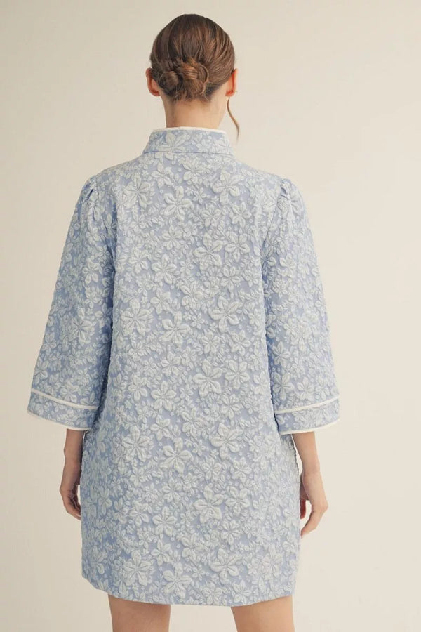 Blue Floral Jacquard Dress w Front Chinese Knots Frog Buttons