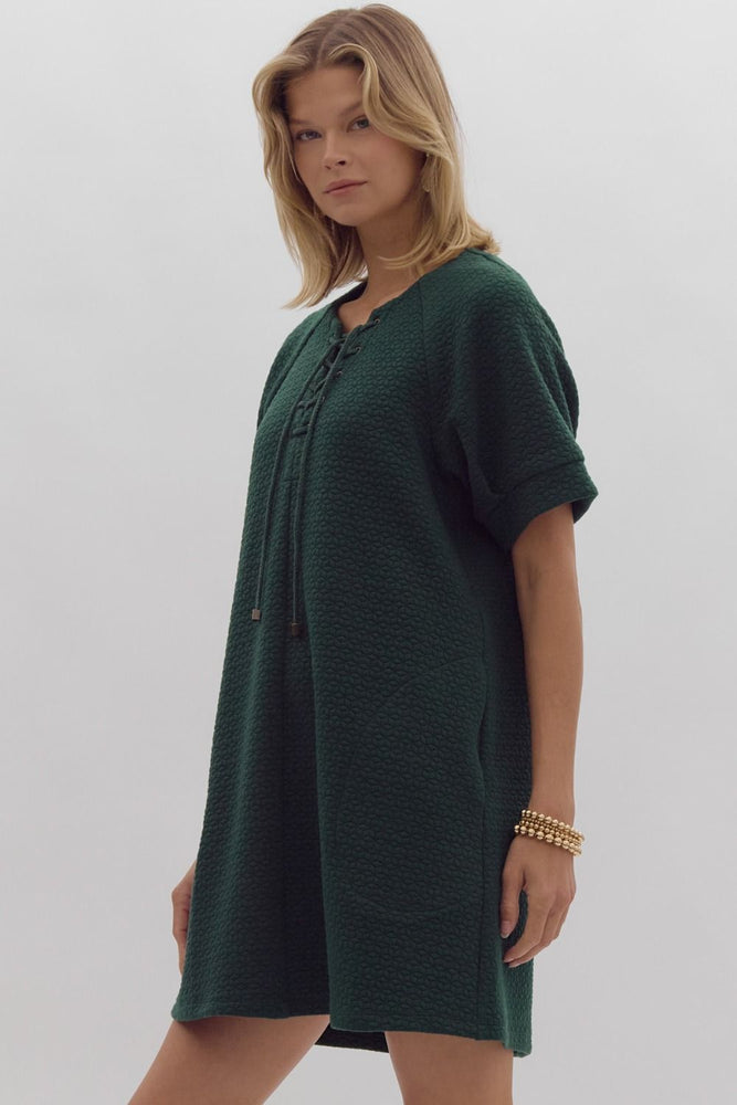 Green Textured Short Sleeve Mini Dress