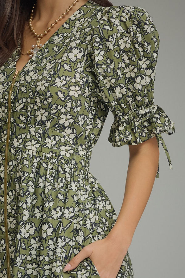 Olive Floral Print Puff Sleeve Midi Dress w Front Zipper Closure
