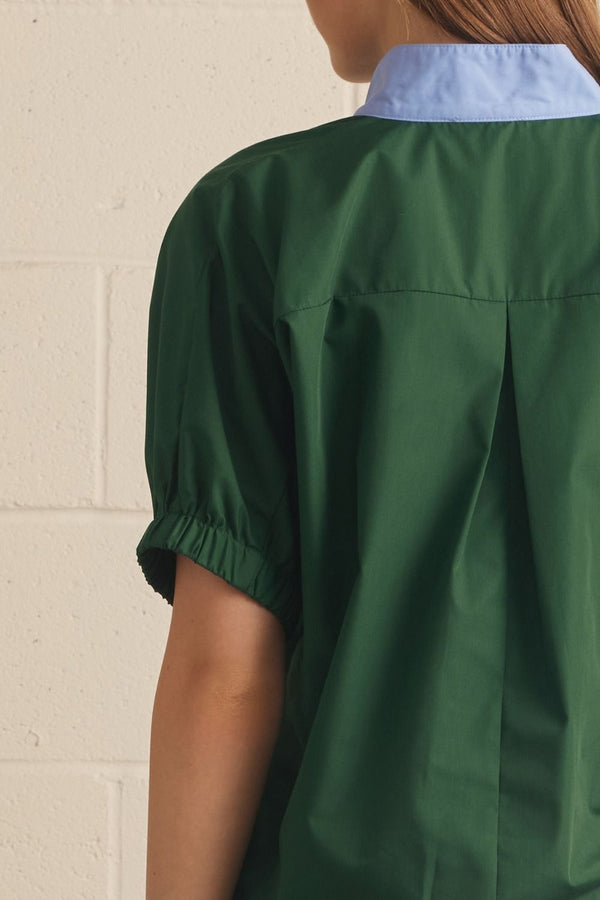 Green Puff Sleeve Top w Contrast Collar and Front Trim