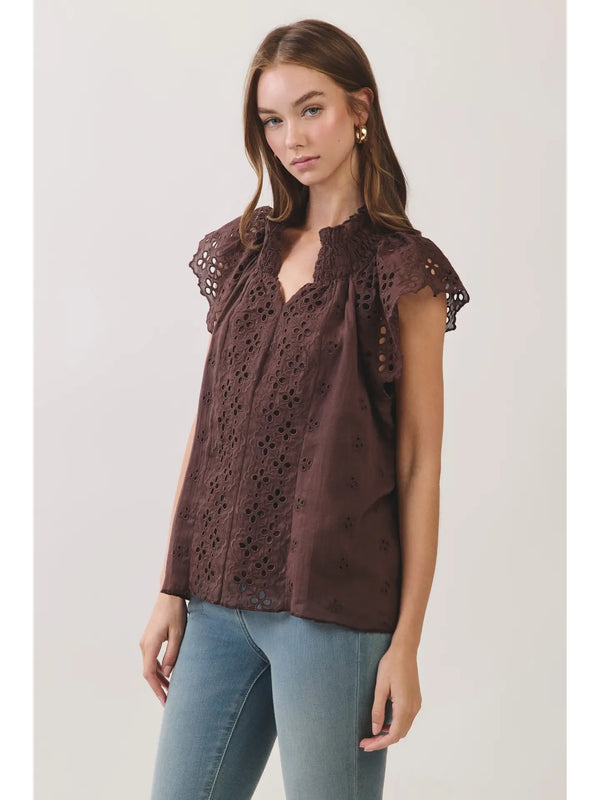 Eyelet Embroidered Chocolate Flutter Sleeve Top