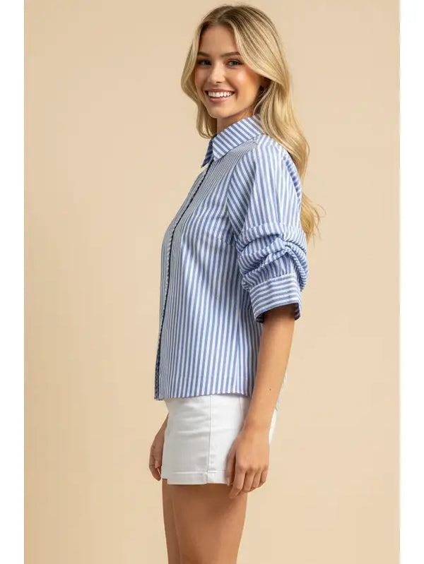 Ruched Light Blue Sleeve Striped Button Down Shirt