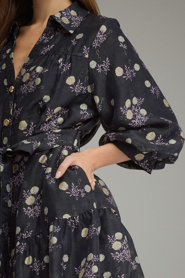 Lined Black & Purple Floral Print ¾ Balloon Sleeve Mini Dress