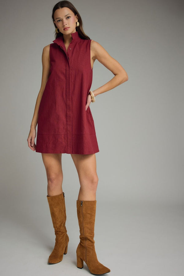 Solid Crimson Stand Collar Sleeveless Mini Dress