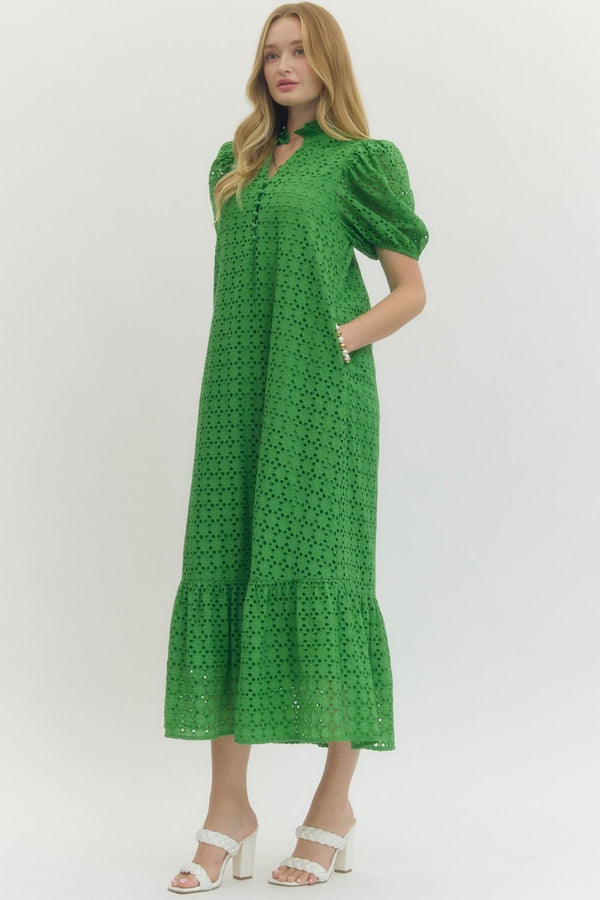 Green Eyelet Puff Sleeve Midi Dress