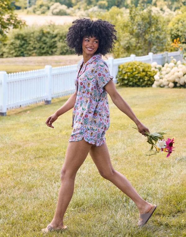 Eco Satin Ruffle Short Set in Bee Tapestry