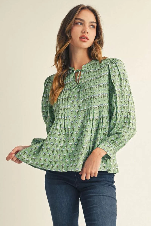 Floral Tie-Front Blouse in Green