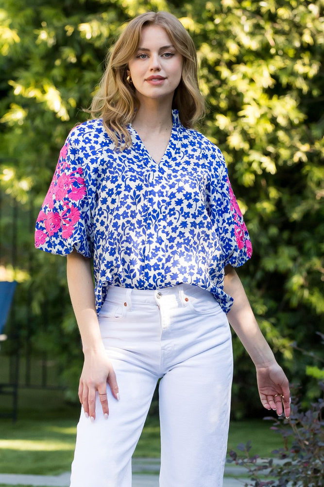Embroidered Puff Sleeve Print Top