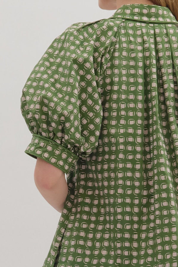 Olive Geometric Print Short Puff Sleeve Mini Dress