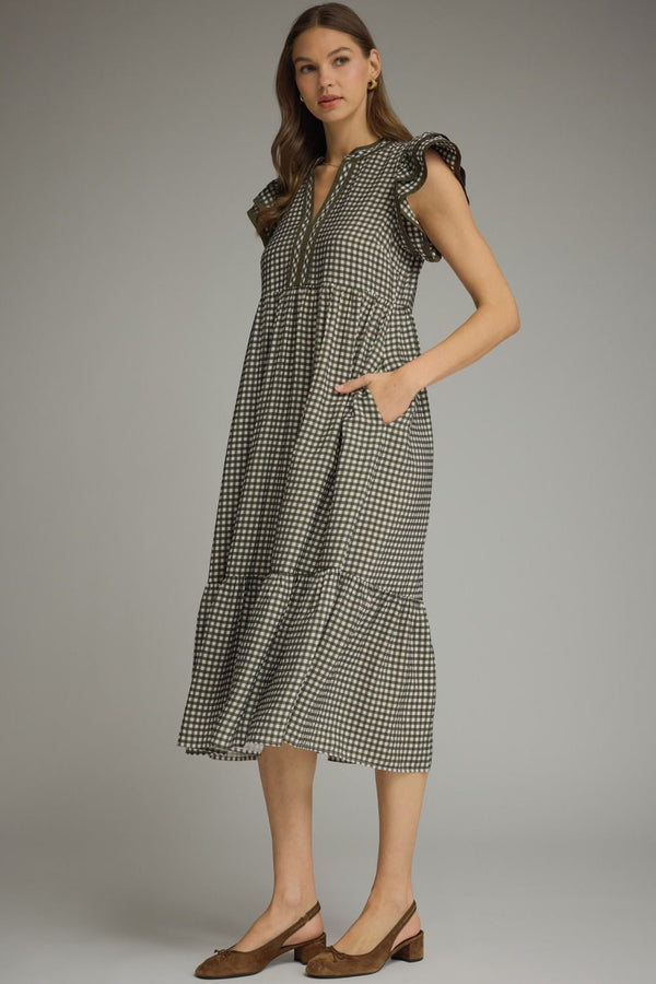 Olive Gingham Ruffle Cap Sleeve Midi Dress