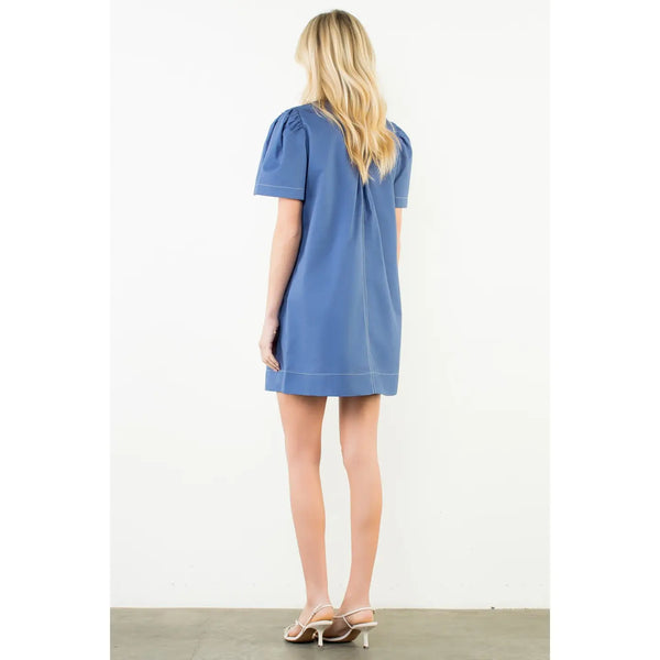 Blue Short Sleeve Contrast Stitch Dress