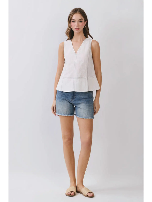 White Contrast Stitch Sleeveless V-Neck Top
