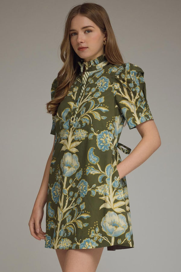 Olive Floral print Mini Dress Featuring Self-Tie Waist at Back