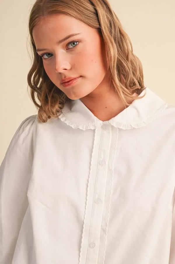 Off White Button Up Top with Scalloped Trim