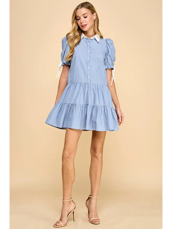 Striped Button Up Contrast Collar Shirt Dress