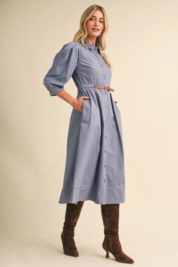 Dusty Denim Blue Belted Button Down Midi Dress