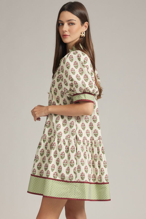 Ecru Print Puff Sleeve Mini Dress w Gingham Trim