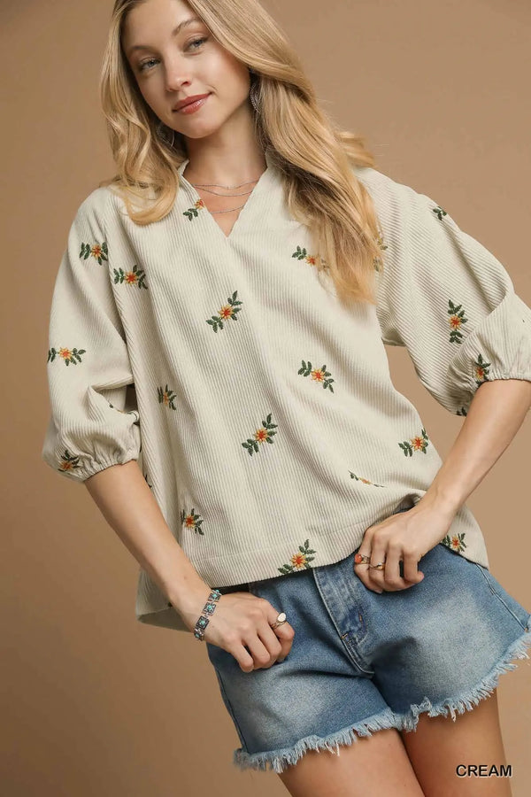 Corduroy Floral Embroidered Blouse