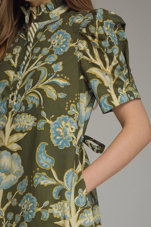 Olive Floral print Mini Dress Featuring Self-Tie Waist at Back