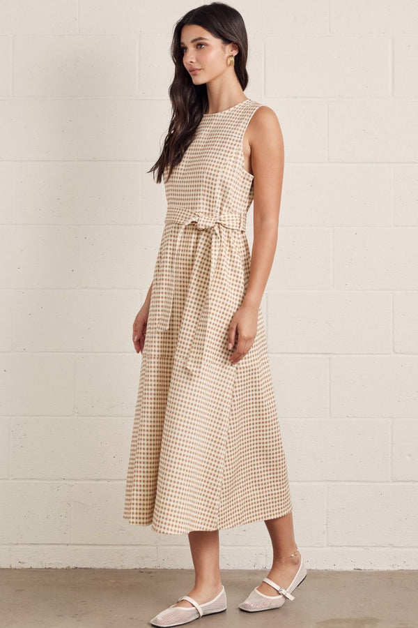 Tan Gingham Midi Dress w Self-Tie Waist Detail