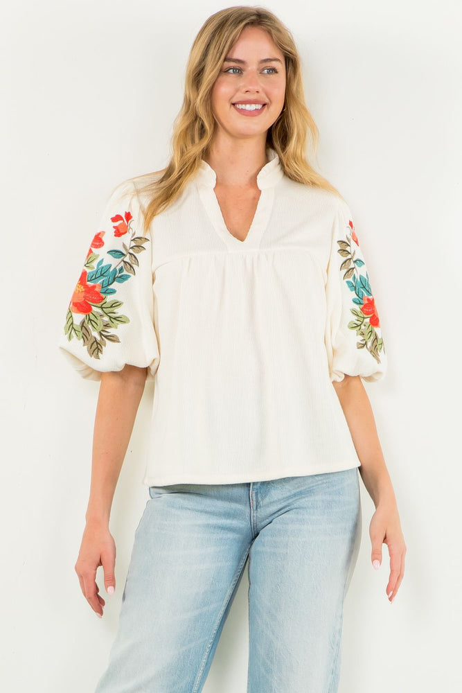 Embroidered Puff Sleeve Top