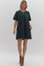 Green Textured Short Sleeve Mini Dress