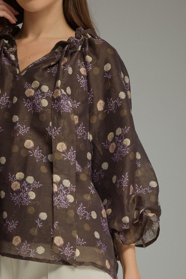 Brown Floral Print Poncho Sleeve Top w Self-Tie Front Detail