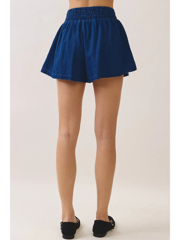 Denim Smocked Waist Side Pockets Shorts
